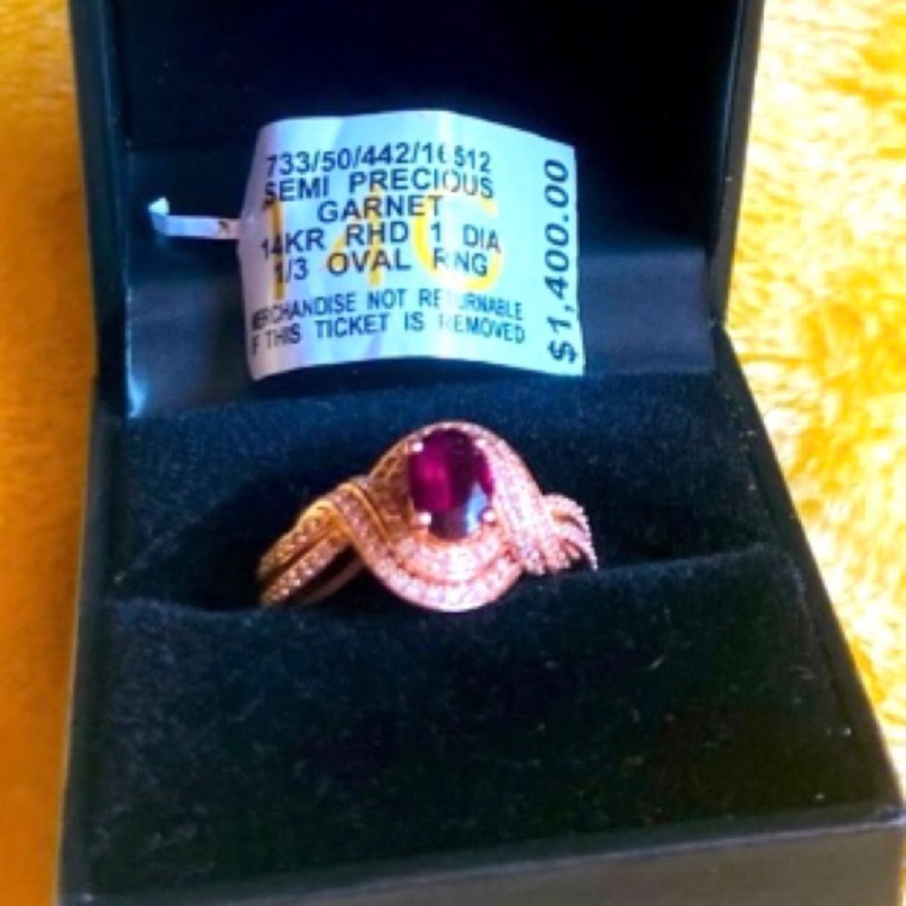 14K rose gold rhodolite garnet and diamond ring